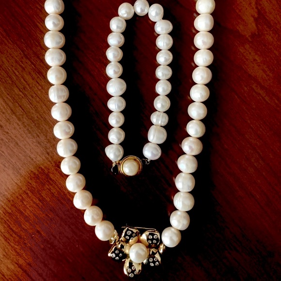 Vintage real pearl set long necklace bracelet earrings with real diamonds & gold - Picture 8 of 16